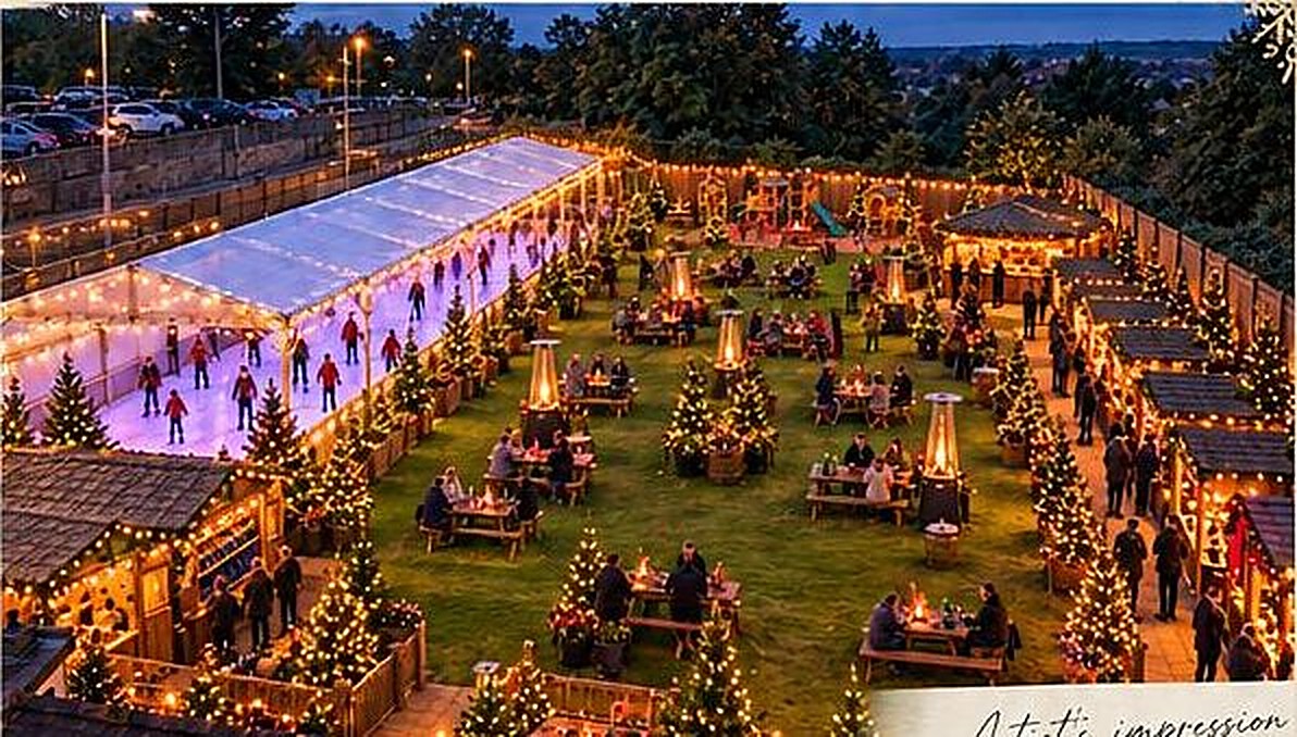 the covered ice rink, festive stalls and garden at The Ridgway Arms